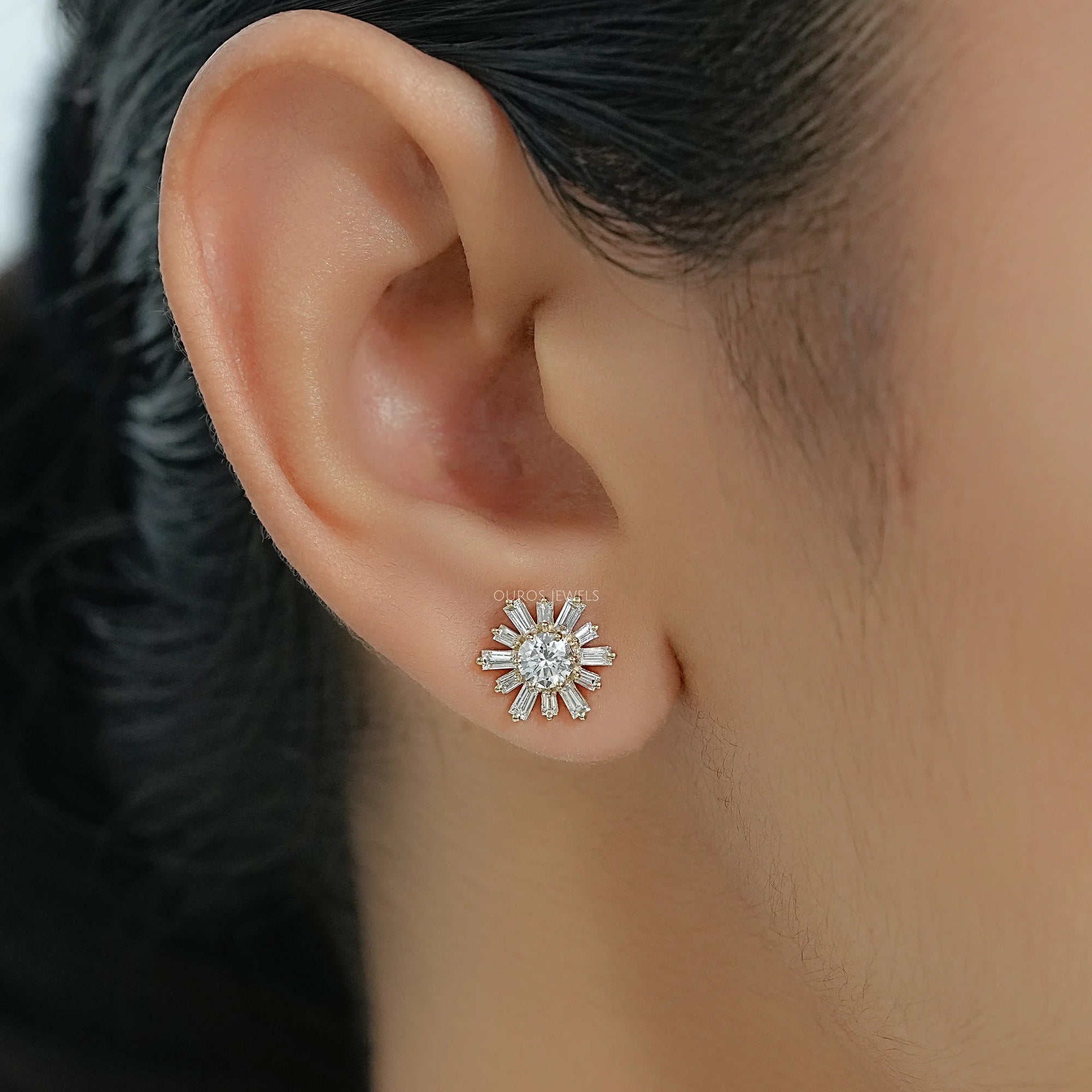 Round & Tapered Baguette Diamond Stud Earrings Earring