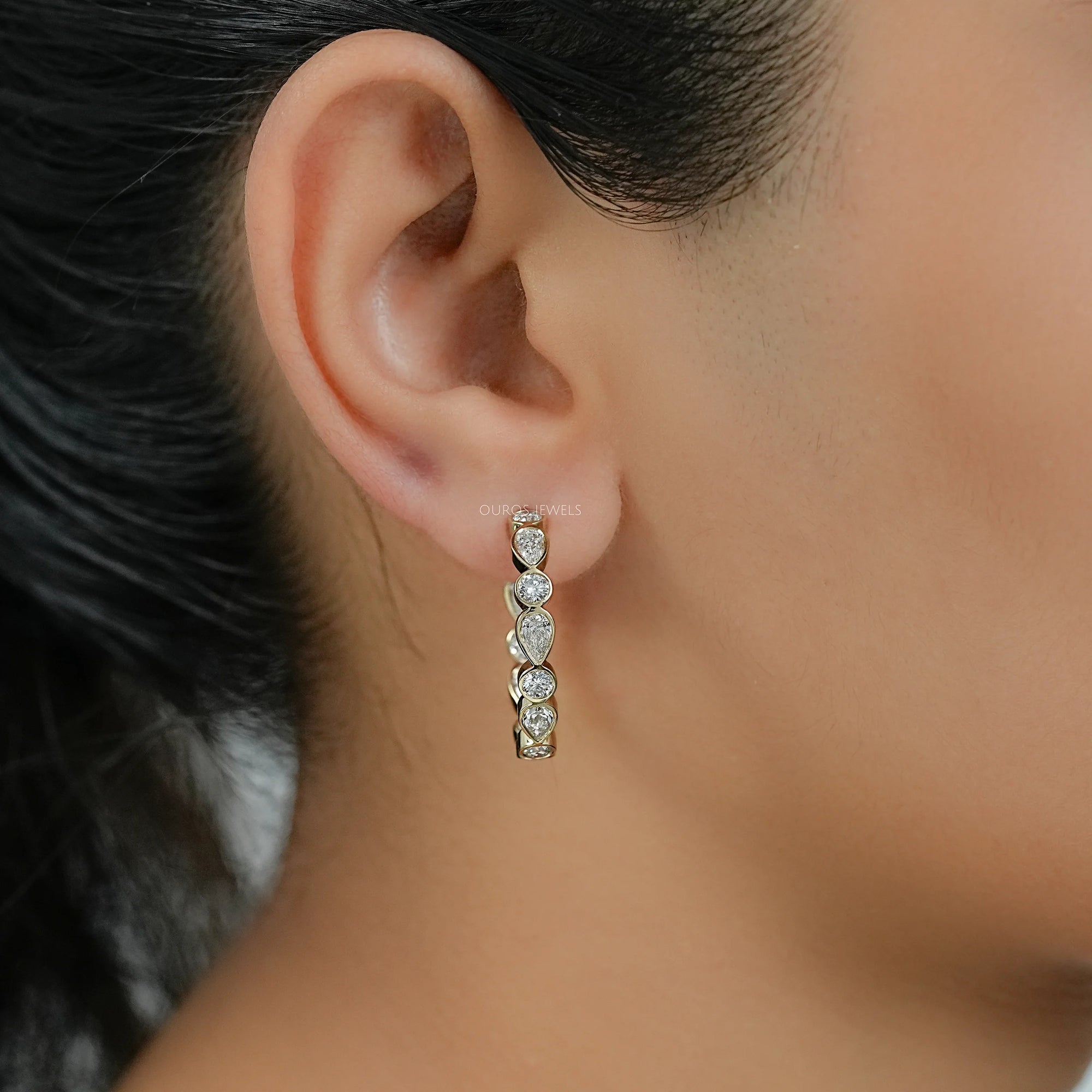 Pear And Round Diamond Bezel Set C Hoop Earrings