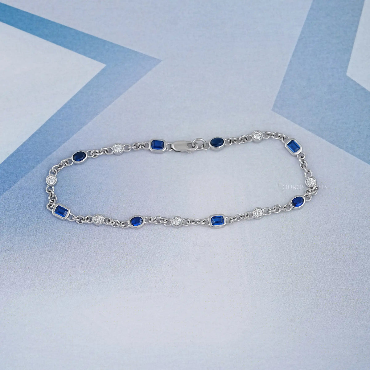 Sapphire Emerald And Oval Gemstone Bezel Set Chain Bracelet