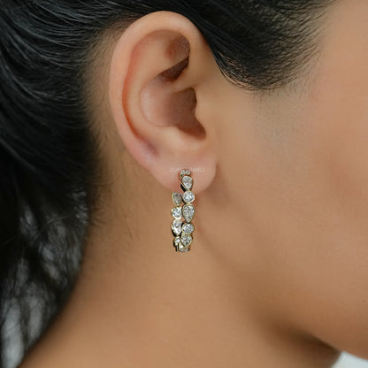 Pear And Round Diamond Bezel Set C Hoop Earrings
