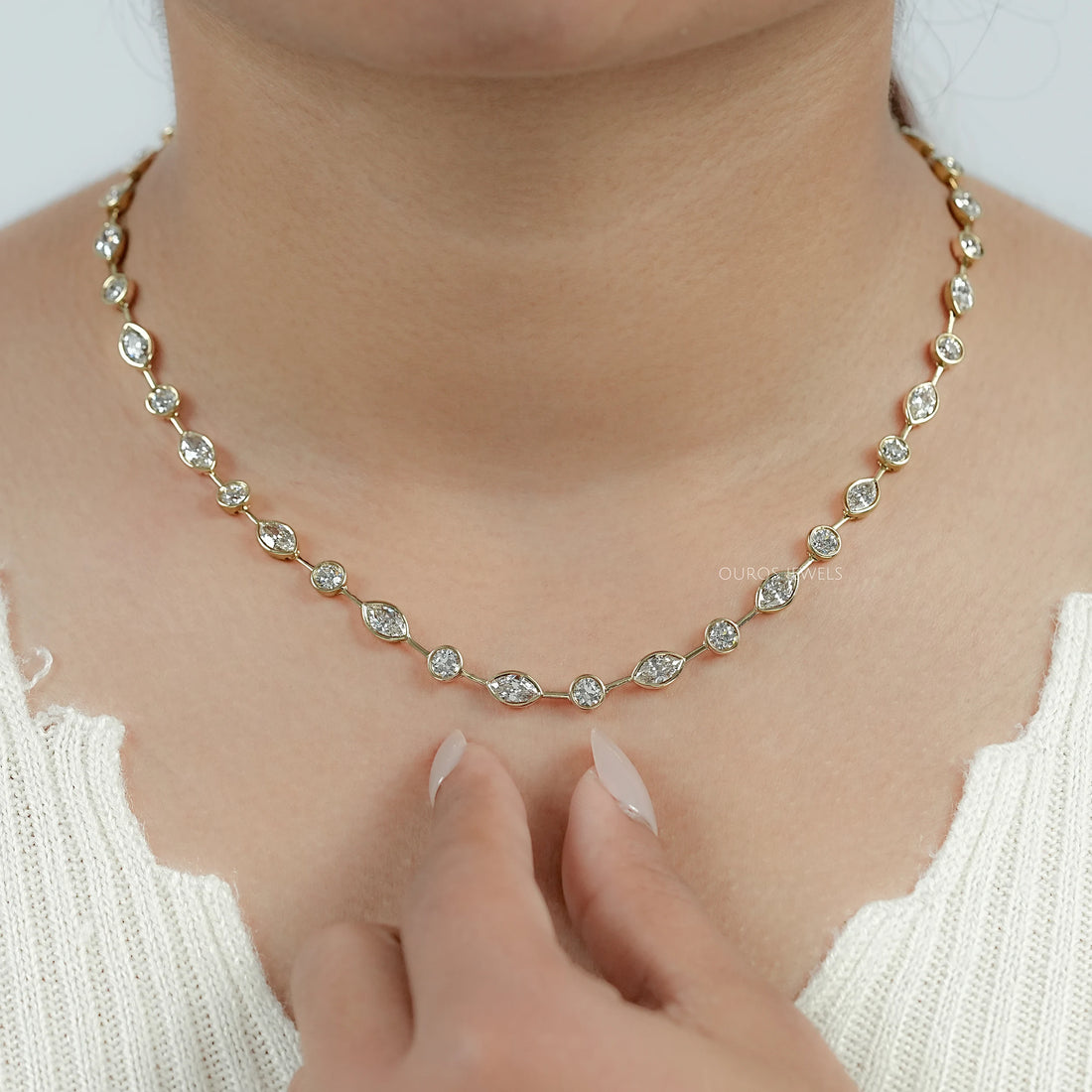 Bezel Set Old Mine Marquise Diamond Necklace Necklaces