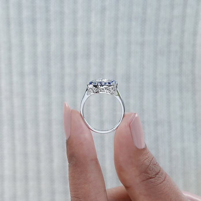 Bezel Set Old Mine Emerald Diamond Halo Gemstone Ring