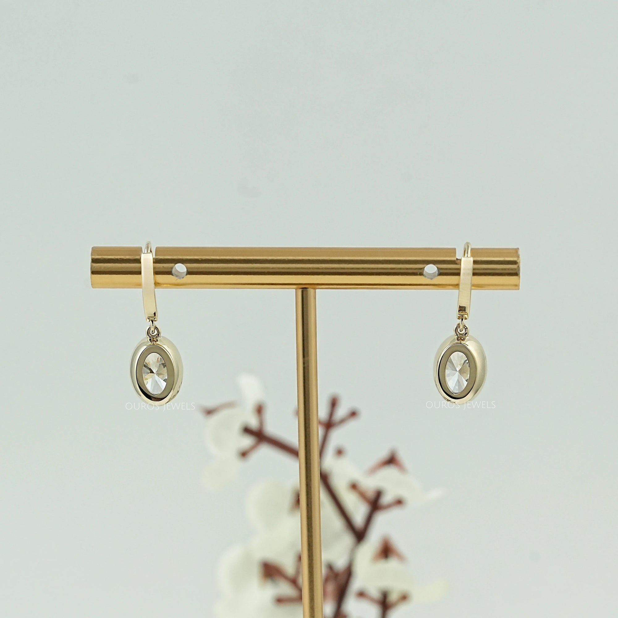 Oval Diamond Bezel Set Drop Hoop Earrings