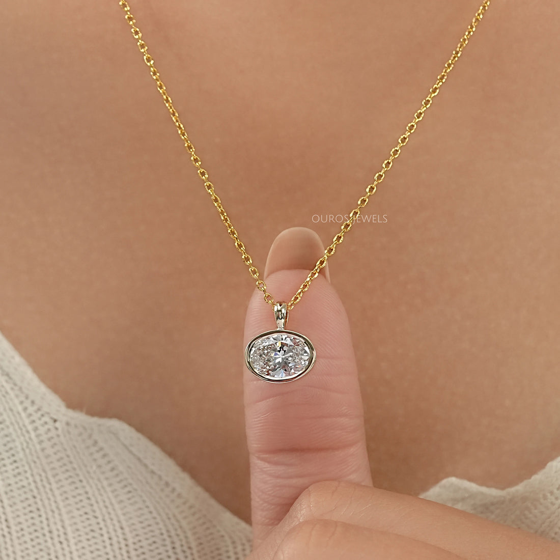 Oval Lab Diamond Bezel Set Solitaire Pendant Necklaces