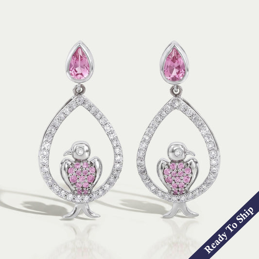 Bezel Set Pink Pear Cut Gemstone Dangle Bird Earrings Earrings