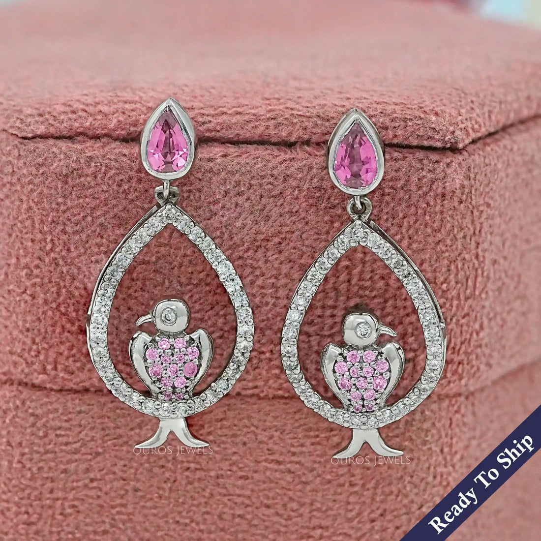 Bezel Set Pink Pear Cut Gemstone Dangle Bird Earrings Earrings