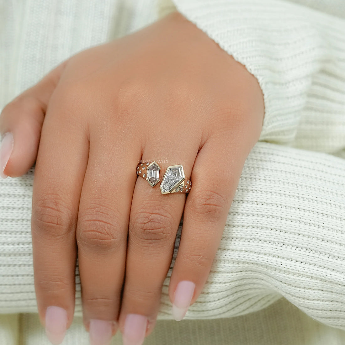 Step Cut Lab Grown Diamond Bezel Set Open Cuff Band Ring