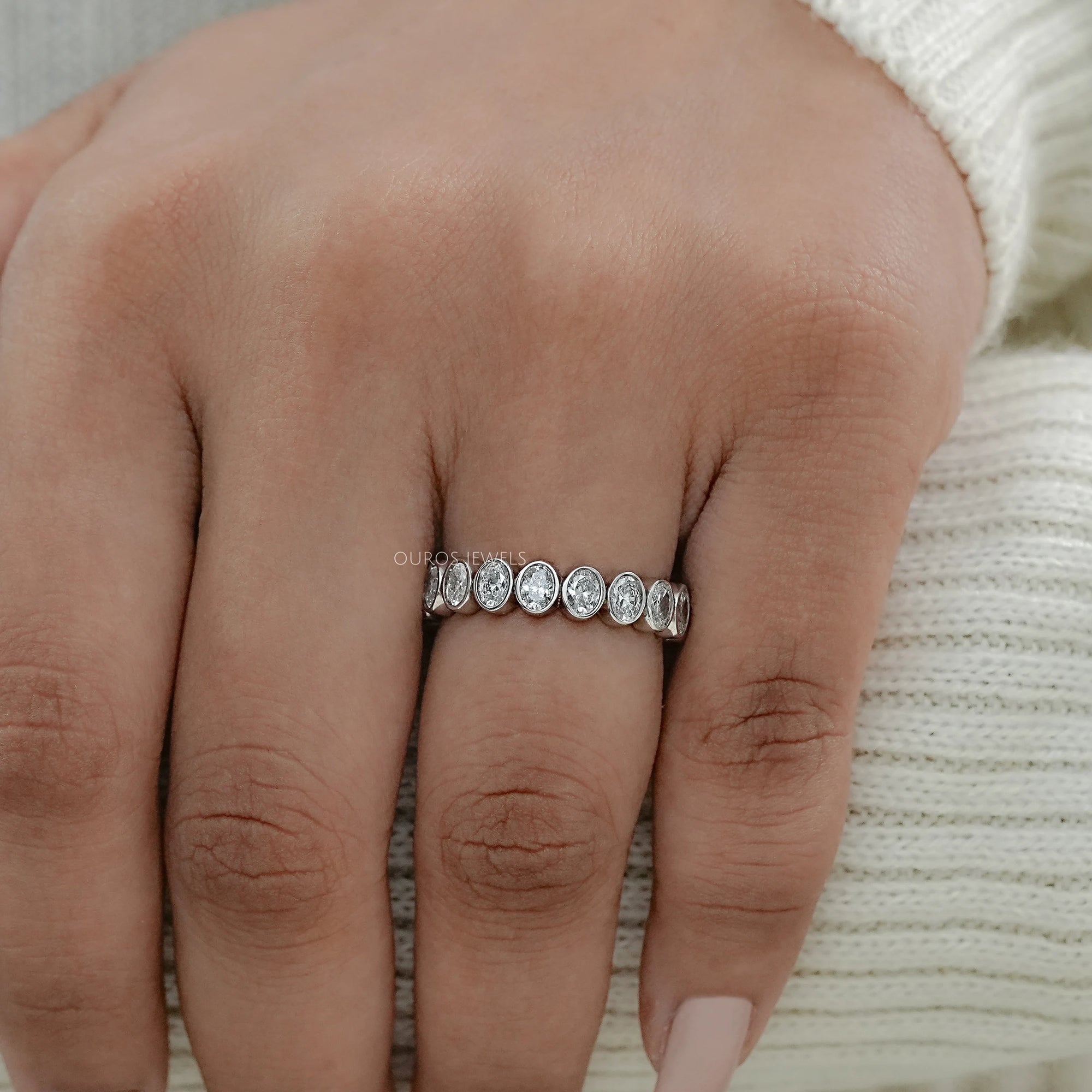 Bezel Set Oval Cut Lab Diamond Wedding Band