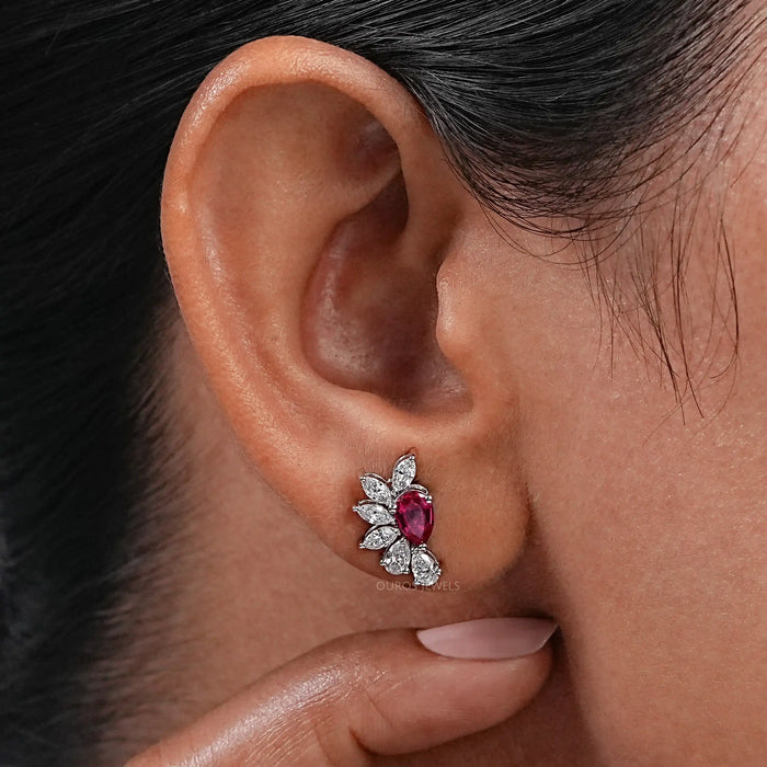 Pear Ruby Gemstone And Marquise Diamond Earrings 