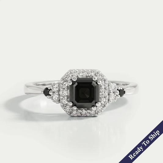 Black Asscher Diamond Halo Engagement Ring Rings