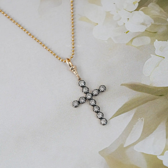Old European Round Cut Lab Diamond Cross Pendant