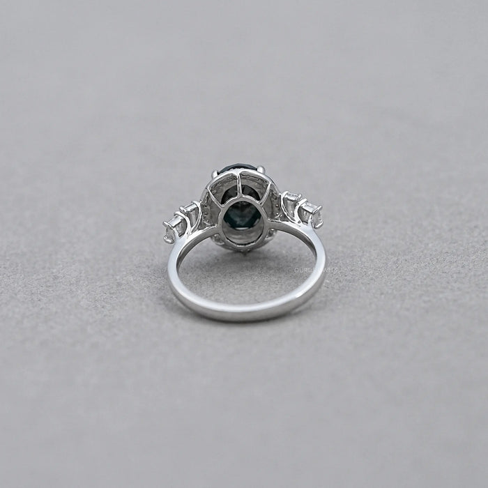 Black Oval Cut Halo Ring with Diamond Accents