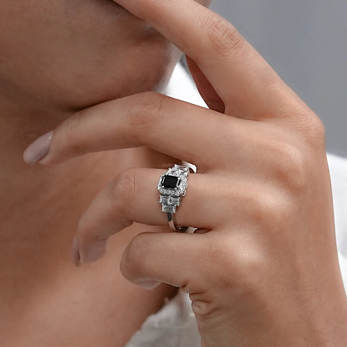 Black Emerald Cut Halo Diamond Engagement Ring