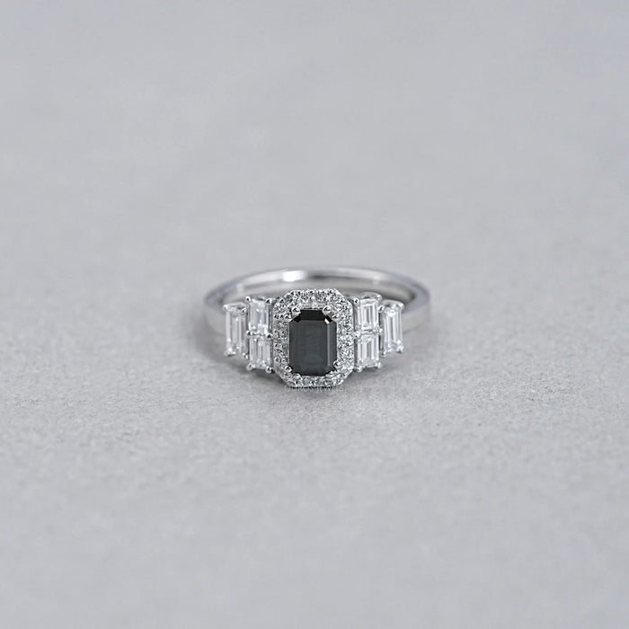 Black Emerald Cut Halo Diamond Engagement Ring