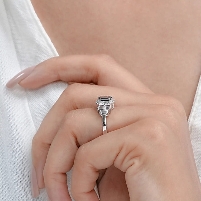 Black Emerald Cut Halo Diamond Engagement Ring