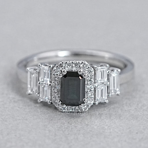 front view of black emerald-cut diamond solitaire accent halo engagement ring