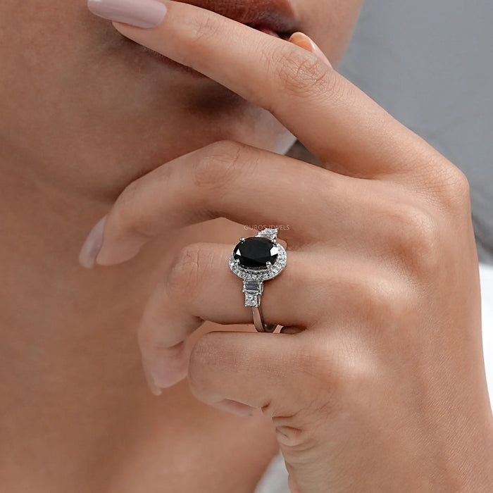 Black Oval Cut Halo Ring with Diamond Accents