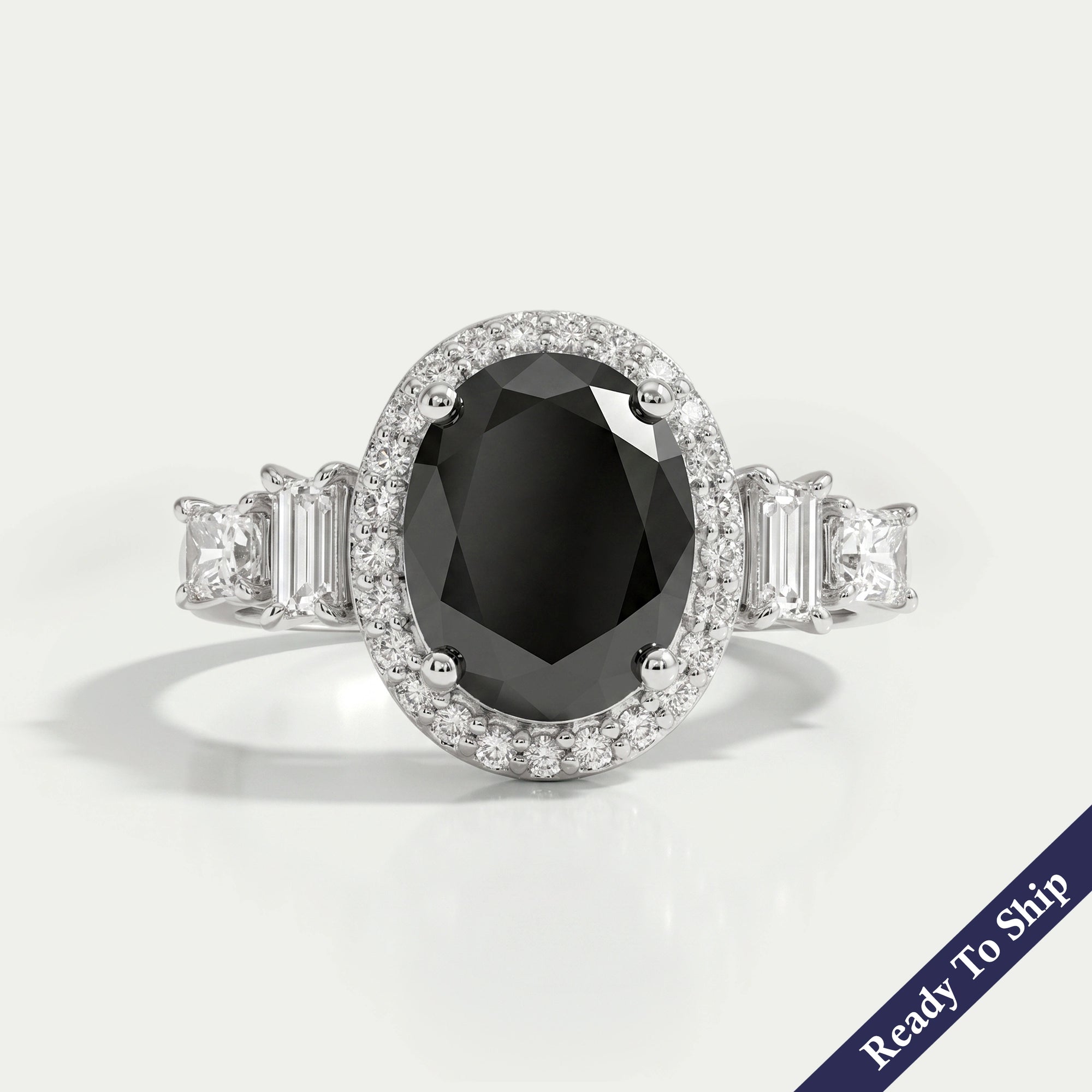 Black Oval Diamond Accent With Halo Engagement Ring Rings