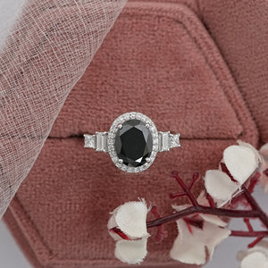 Black Oval Cut Halo With Accent Diamond Ring