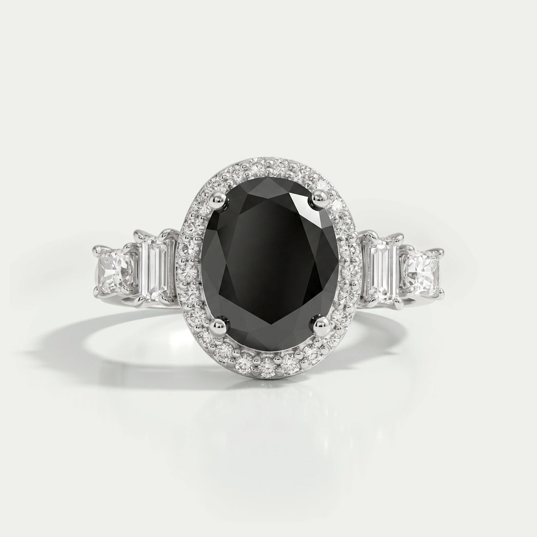 Black Oval Cut Halo With Accent Diamond Ring Rings