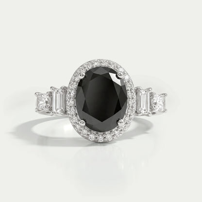 Black Oval Cut Halo With Accent Diamond Ring Rings