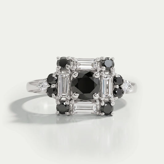Black Round Cut Halo Baguette Diamond Ring Rings