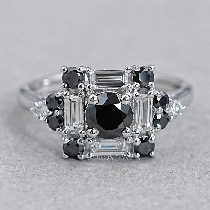 Art Deco Baguette Cut Halo Round Diamond Ring
