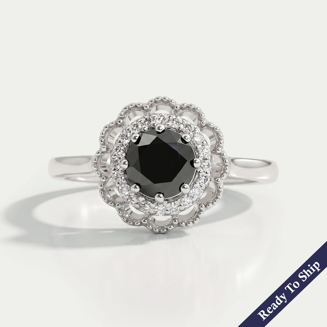 Black Round Diamond Double Halo Engagement Ring Rings