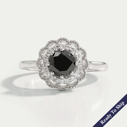 Black Round Diamond Double Halo Engagement Ring Rings