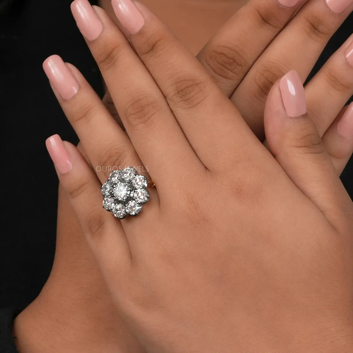 Old European Round Cut Black Coating Flower Engagement Ring Ring