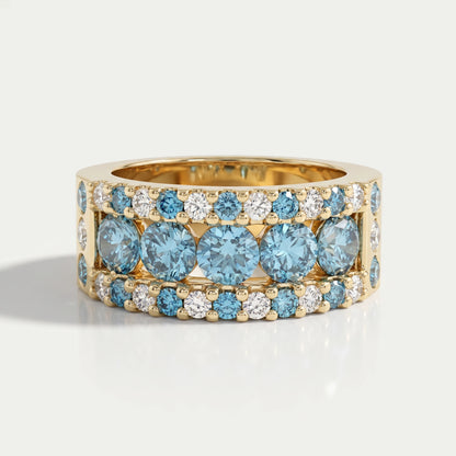 Blue And White Round Cut Lab Diamond Wide Band Rings