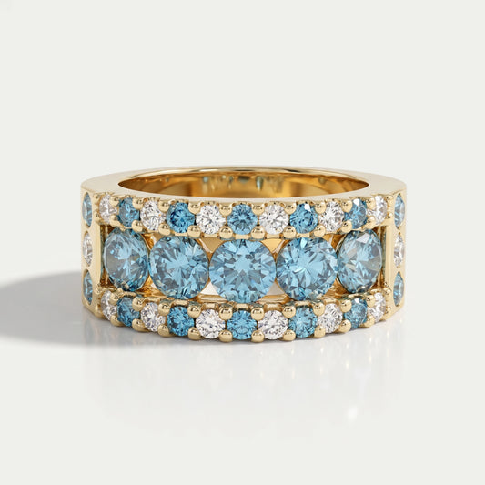 Blue And White Round Cut Lab Diamond Wide Band Rings