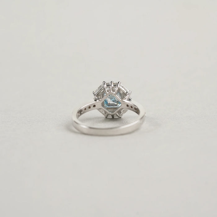 Fancy Blue Asscher Cut Halo With Accent Lab Diamond Ring