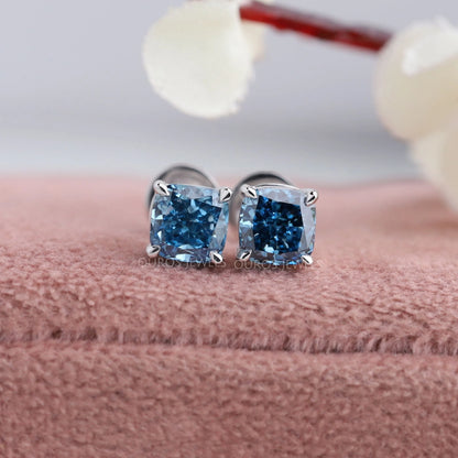 Blue Cushion Cut Lab Diamond Stud Earrings Earring