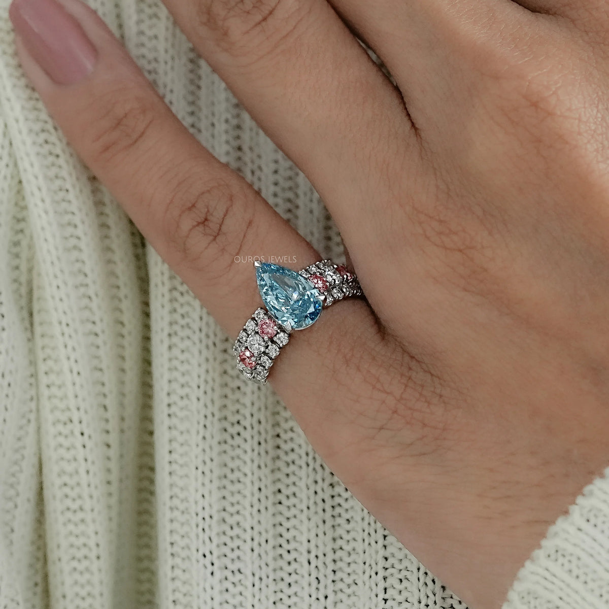 Fancy Blue Pear Lab Diamond Accent Cocktail Ring Ring
