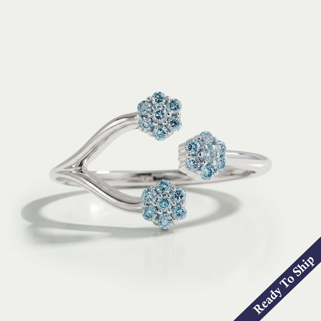 Blue Round Cut Lab Grown Diamond Open Cuff Dainty Ring