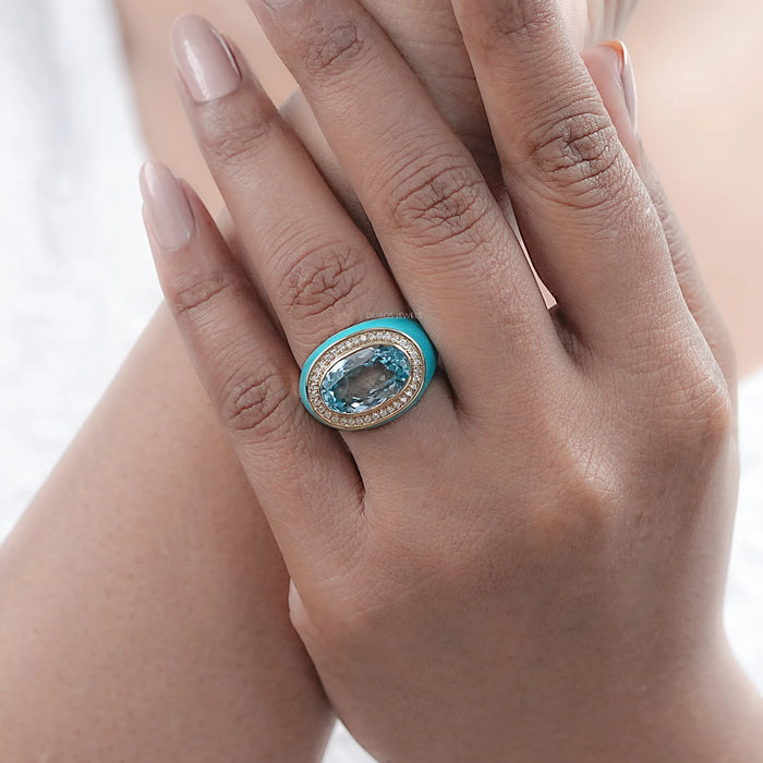 Blue Topaz East West Oval With Enamel Cocktail Ring