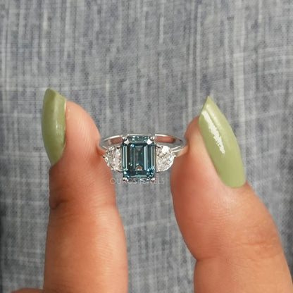 Blue Emerald Three Stone With Half Moon Cut Ring Ring
