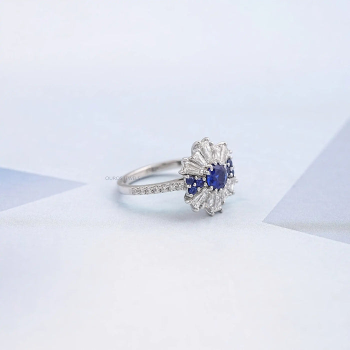 Tapered Baguette With Blue Round Gemstone Cluster Ring