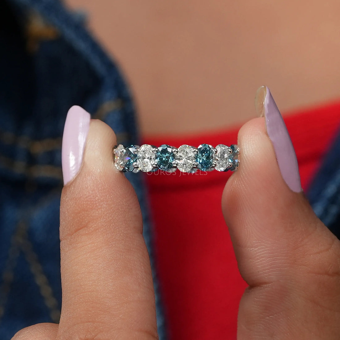 Blue Oval Cut Lab Diamond Eternity Wedding Band Ring