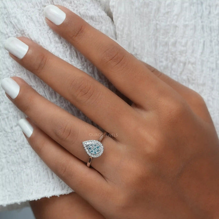 [A Women wearing Blue Pear Cut Lab Diamodn Ring]-[Ouros Jewels]