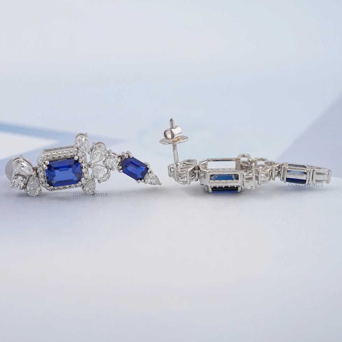 Sapphire Emerald Gemstone And Lab Diamond Drop Earrings