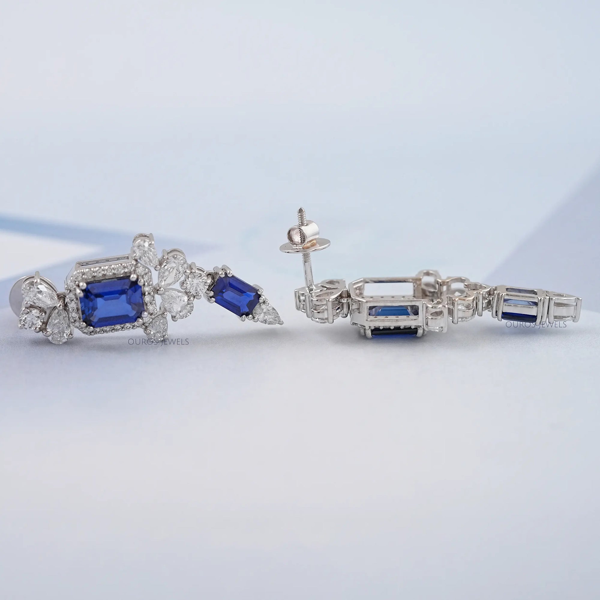 Sapphire Emerald Gemstone And Lab Diamond Drop Earrings