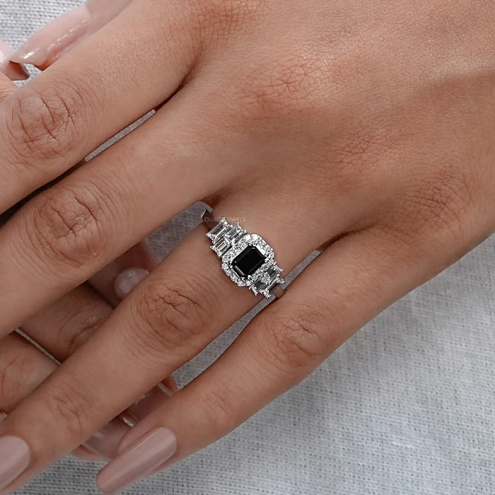 Black Emerald Cut Halo Diamond Engagement Ring