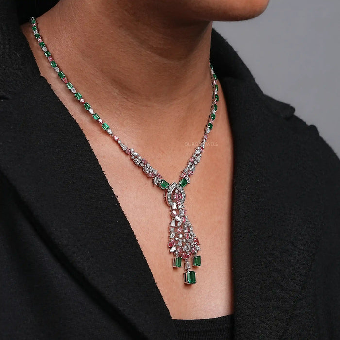 Green Emerald & Pink Pear Diamond Wedding Necklace