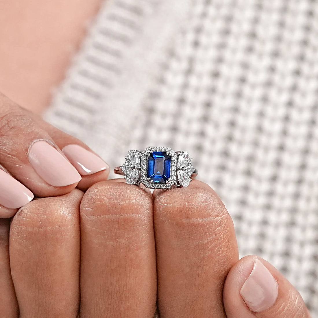 Sapphire Emerald Gemstone Halo Engagement Ring