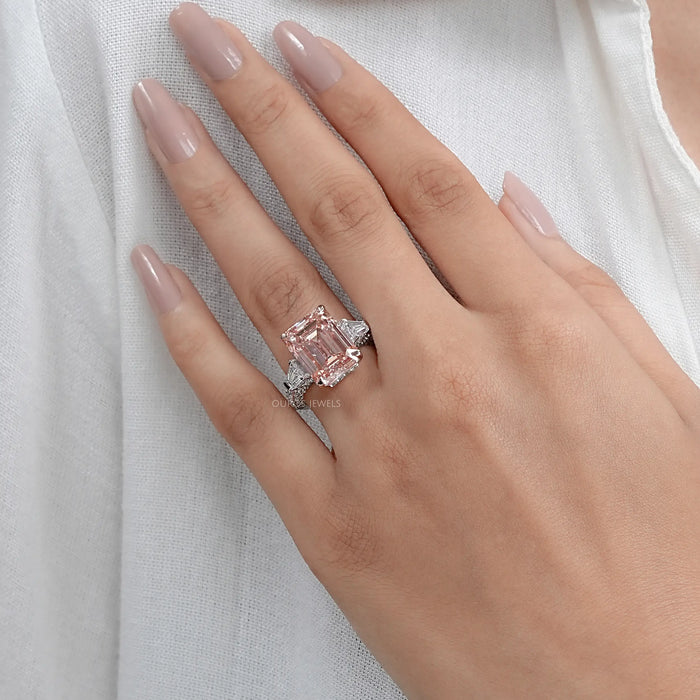 Pink Emerald Lab Diamond Three Stone Hidden Halo Ring  