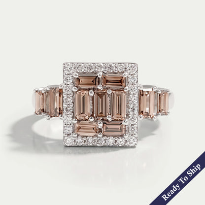 Fancy Brown Baguette Cut Lab Diamond Cluster Set Halo Ring Ring