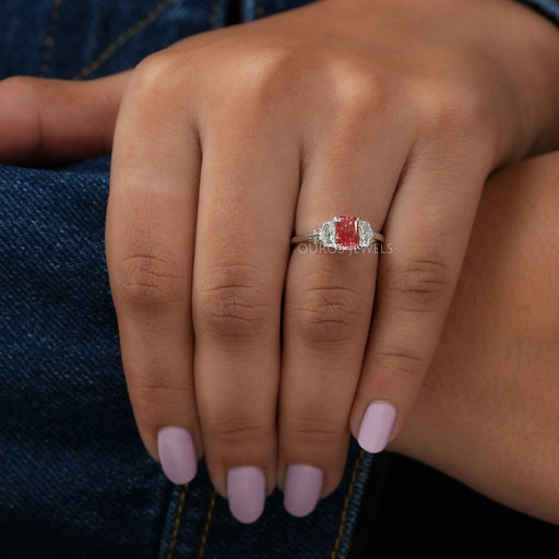 In Finger Front View Of 1.05 Carat Pink Radiant Cut Diamond Three Stone Ring