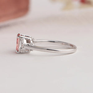 Left Side View Of Pink Lab Diamond Three Stone Engagement Ring Made with 14K Solid White Gold